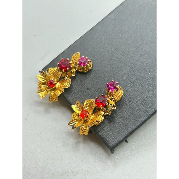 Vintage Signed Austria Clip On Earrings Pink Red Tones Floral Climber Design - Picture 4 of 10